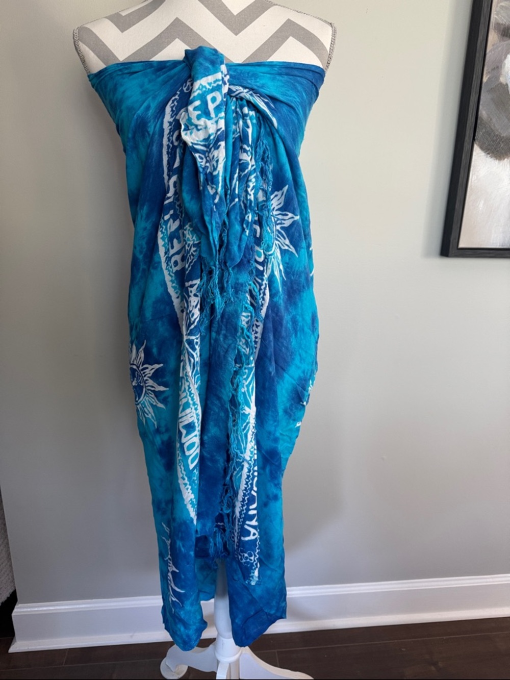Blue Tie-Dye Sarong Wrap with White Sun Motif